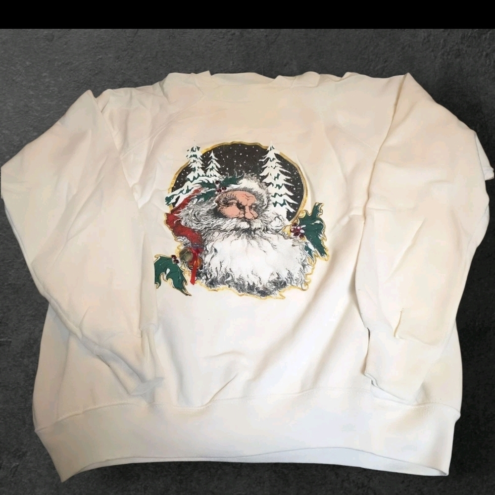 VTG 90s Santa Claus Christmas Sweatshirt Crewneck WhiMen's White Graphic Sweater